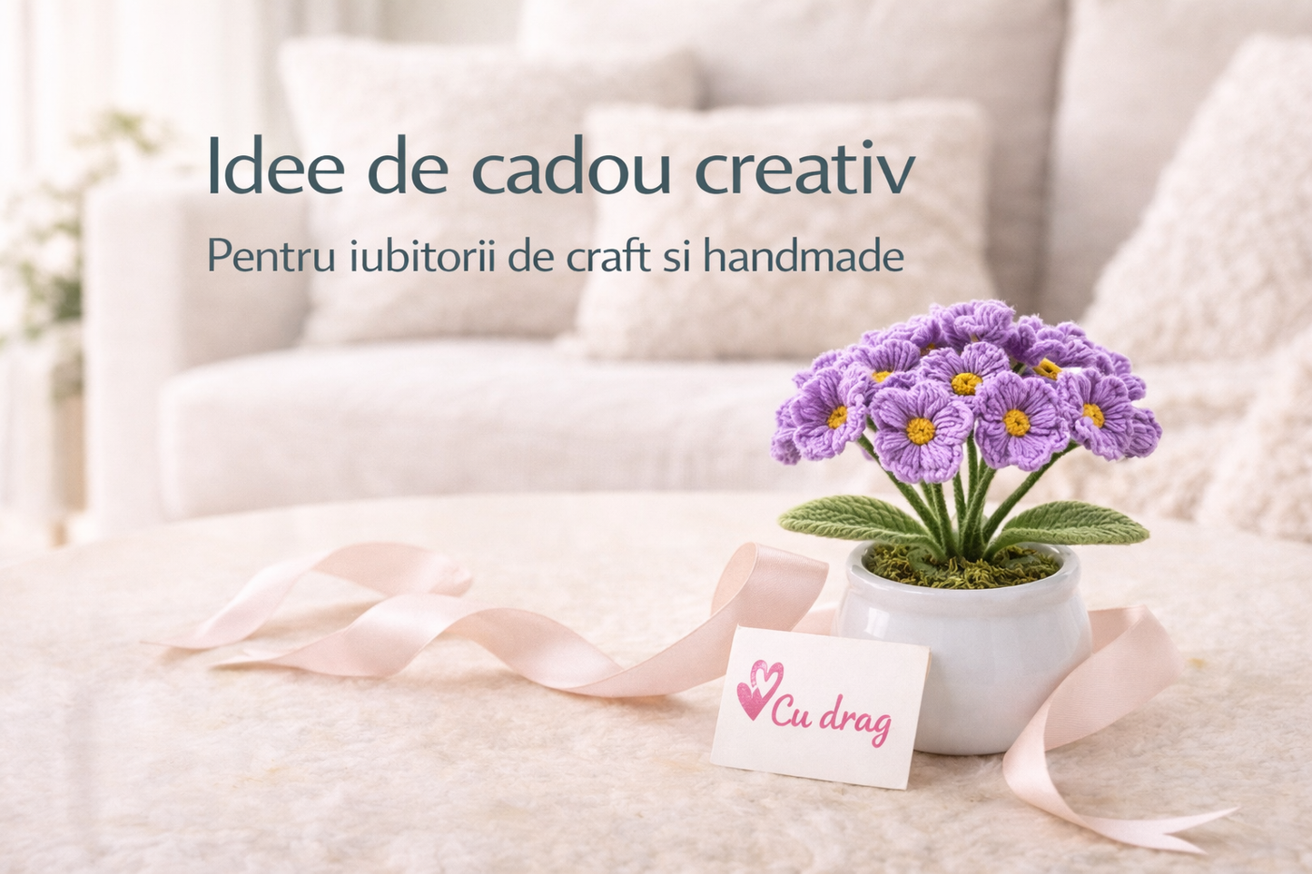 Kit crosetat flori DIY pentru incepatori cu ghivece decorative si instructiuni