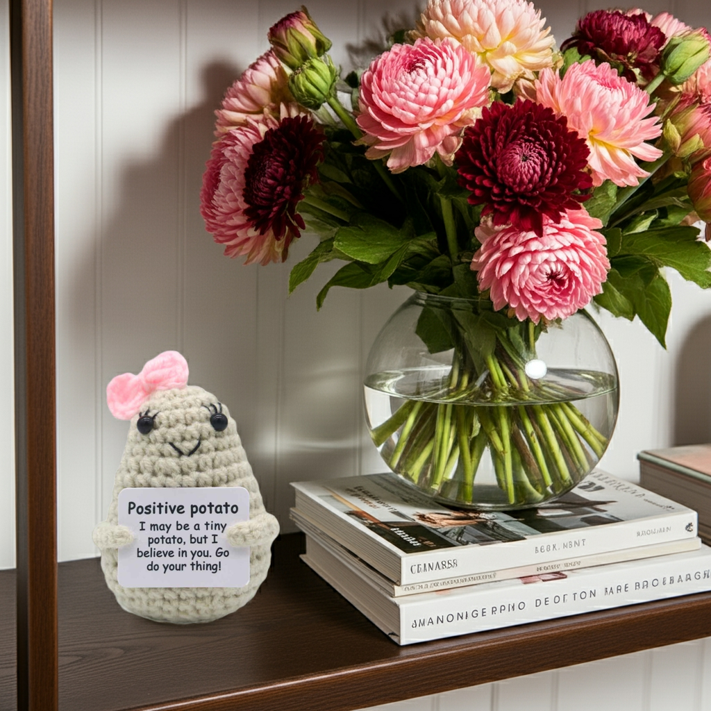 Mascotă croșetată, model cartof cu fundiță, Positive Potato