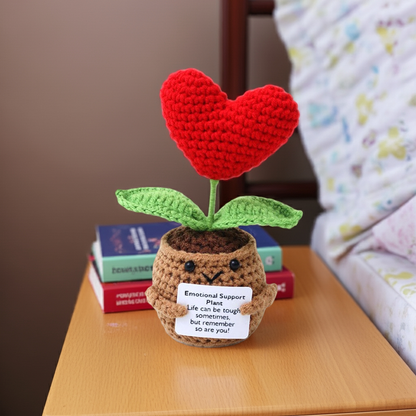 Floare croșetată în ghiveci, în formă de inimă, Positive Flower Heart, cu mesaj motivațional