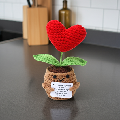 Floare croșetată în ghiveci, în formă de inimă, Positive Flower Heart, cu mesaj motivațional