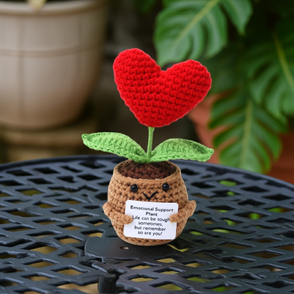 Floare croșetată în ghiveci, în formă de inimă, Positive Flower Heart, cu mesaj motivațional