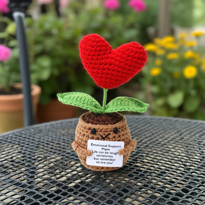 Floare croșetată în ghiveci, în formă de inimă, Positive Flower Heart, cu mesaj motivațional