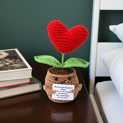 Floare croșetată în ghiveci, în formă de inimă, Positive Flower Heart, cu mesaj motivațional