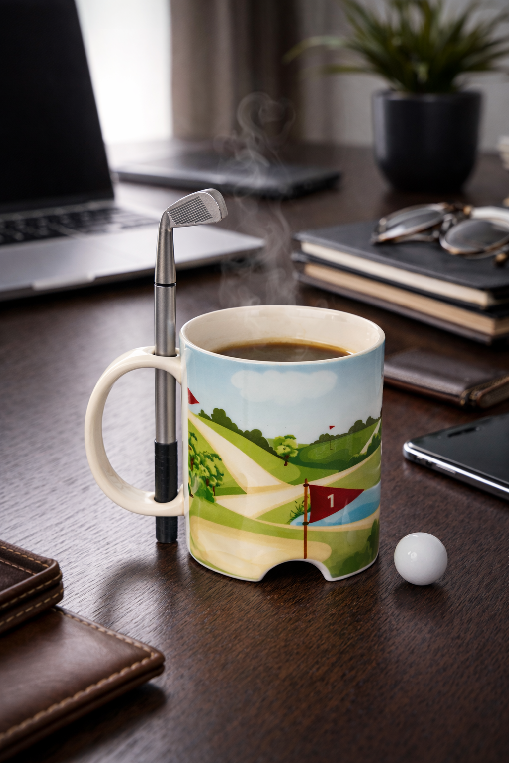 Cană din ceramică cu tematică golf, cu pix tip crosă și minge de golf