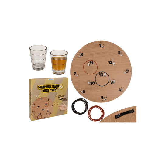 Joc de băut, cu inele, Ring Toss, din lemn, 2 pahare shot, pentru 2 jucători