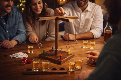 Joc de băut, cu inele, Ring Toss, din lemn, 4 pahare shot, pentru 2–4 jucători