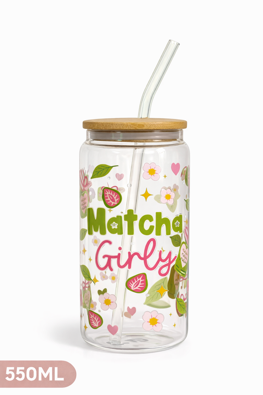 Tumbler "Matcha Girly", cu print față-verso, capac din bambus și pai