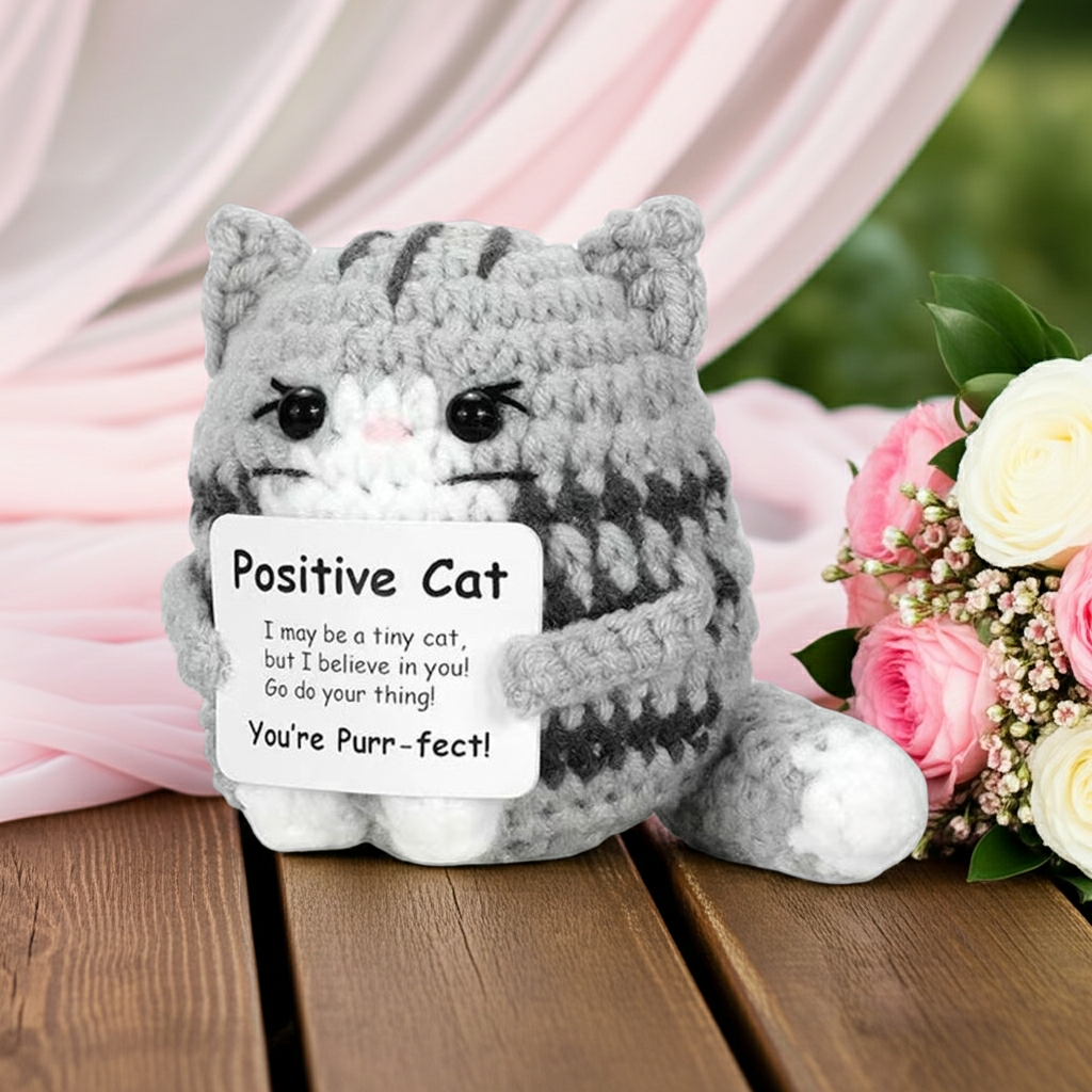 Mascotă croșetată, model Pisicuță, mesaj motivațional You're purr-fect!