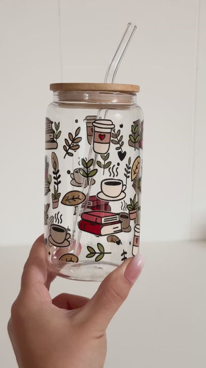 Tumbler "Books & Coffee", cu print față-verso, capac din bambus și pai