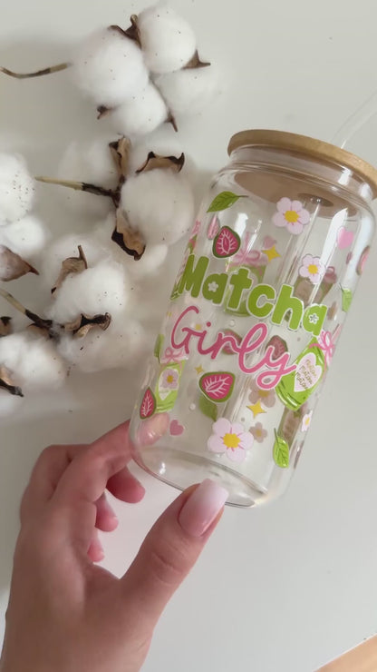 Tumbler "Matcha Girly", cu print față-verso, capac din bambus și pai