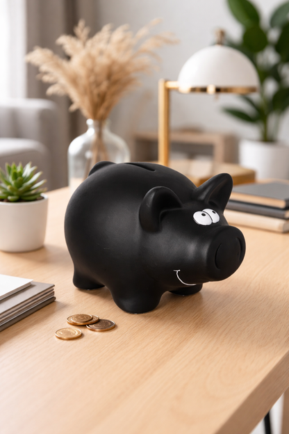 Pușculiță porcușor din ceramică, neagră, personalizabilă cu cretă