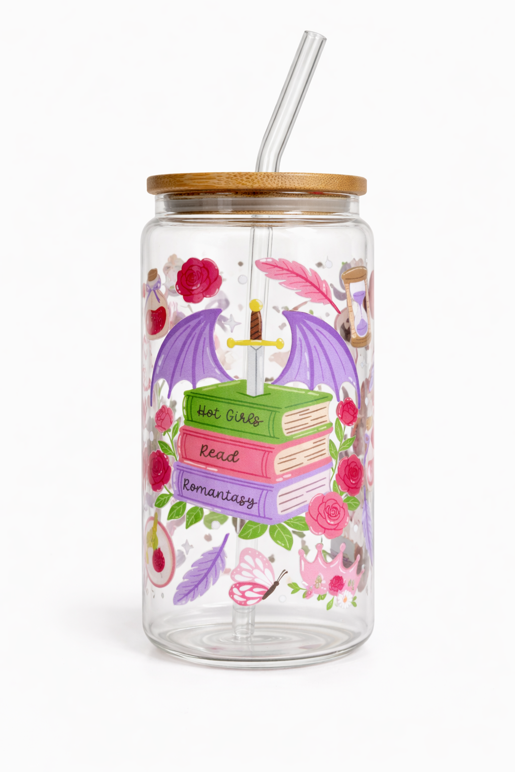 Tumbler "Hot Girls Read Romantasy Books", cu print față-verso, capac din bambus și pai