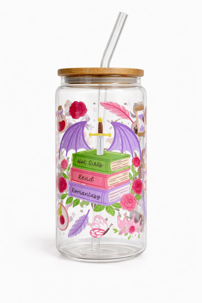 Tumbler "Hot Girls Read Romantasy Books", cu print față-verso, capac din bambus și pai