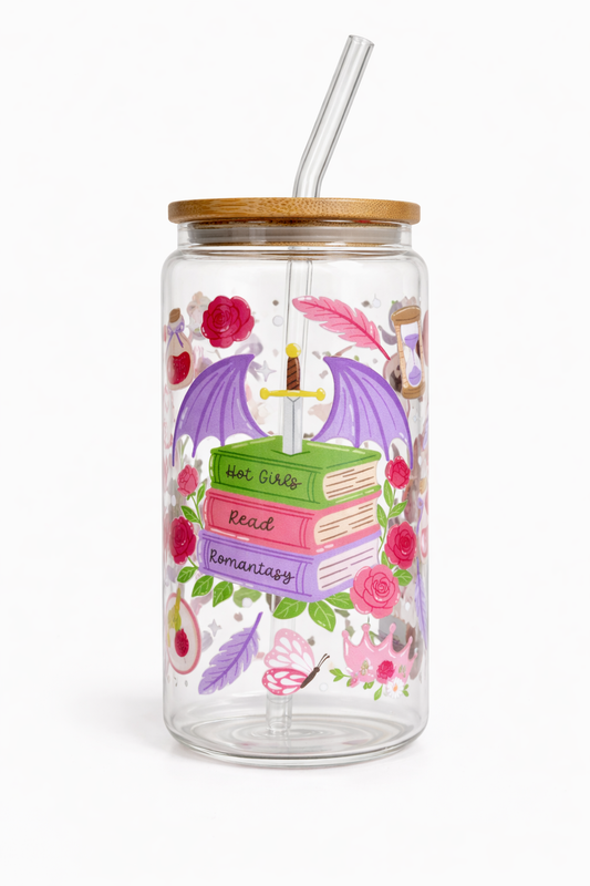 Tumbler "Hot Girls Read Romantasy Books", cu print față-verso, capac din bambus și pai