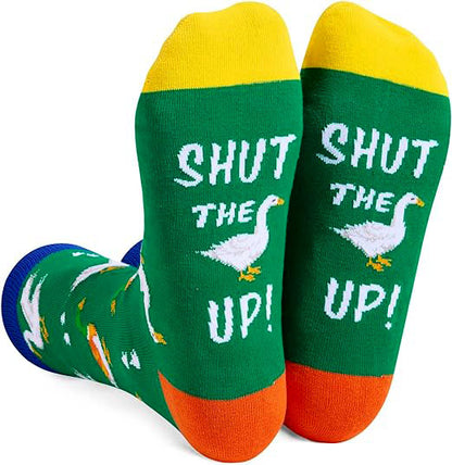 Sosete unisex, lungi, cu mesaj Shut the Duck Up, accesoriu original și amuzant