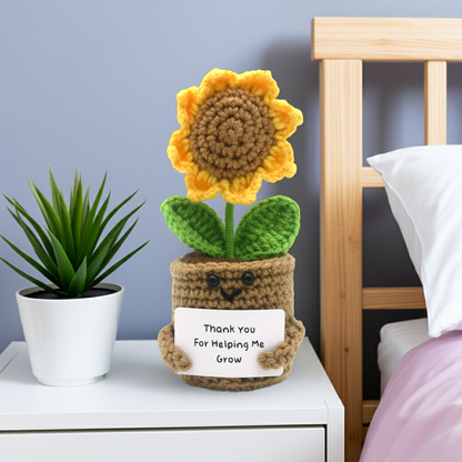 Floare croșetată în ghiveci, în formă de Floarea Soarelui, Positive Sunflower, cu mesaj motivațional