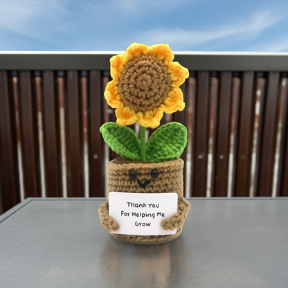 Floare croșetată în ghiveci, în formă de Floarea Soarelui, Positive Sunflower, cu mesaj motivațional