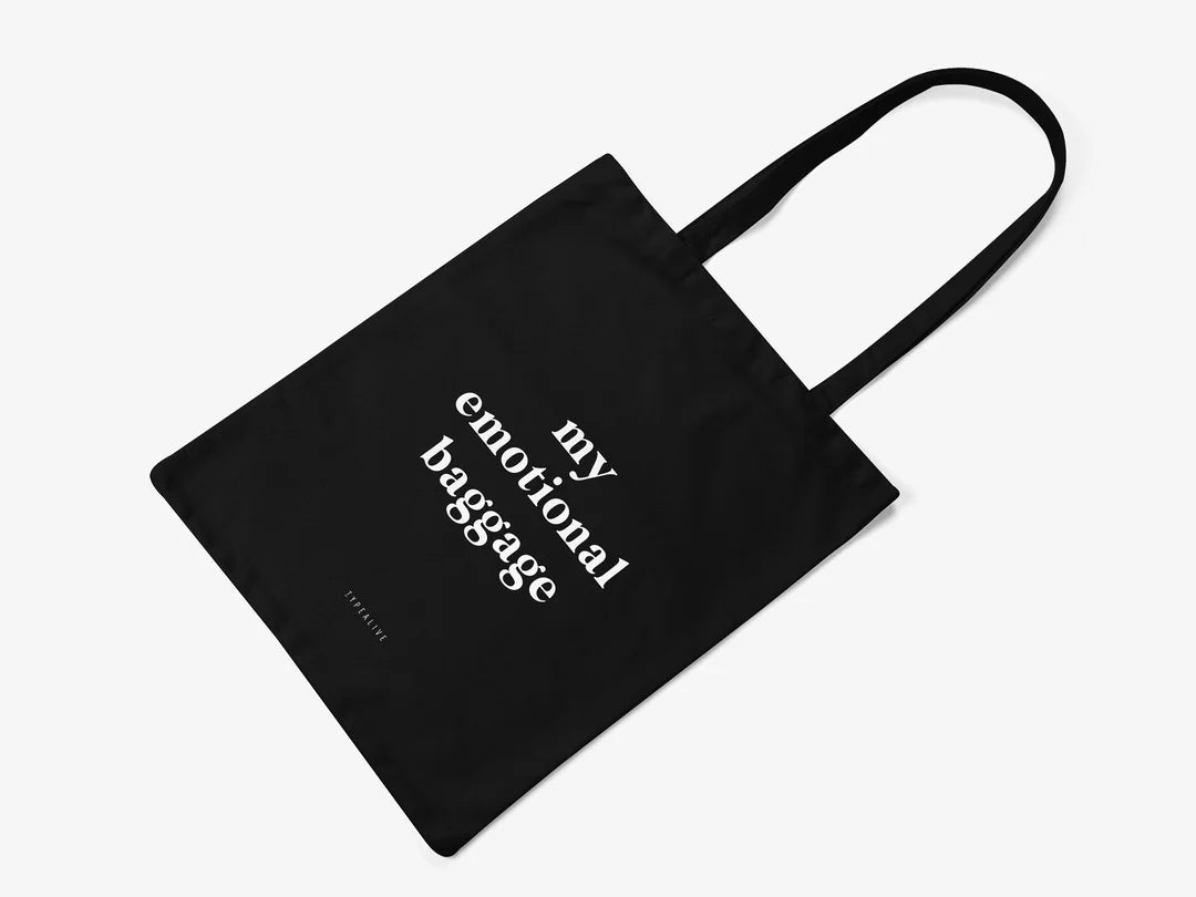Tote Bag, bumbac premium, ilustrație originală, text "Emotional Baggage"
