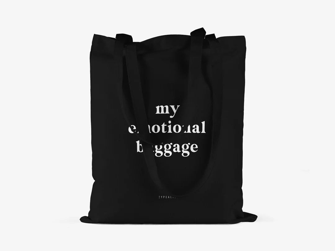 Tote Bag, bumbac premium, ilustrație originală, text "Emotional Baggage"