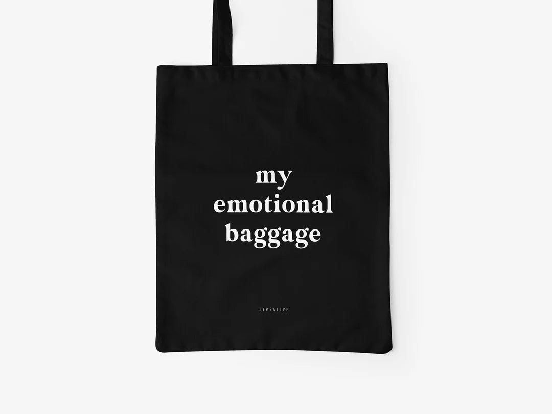Tote Bag, bumbac premium, ilustrație originală, text "Emotional Baggage"