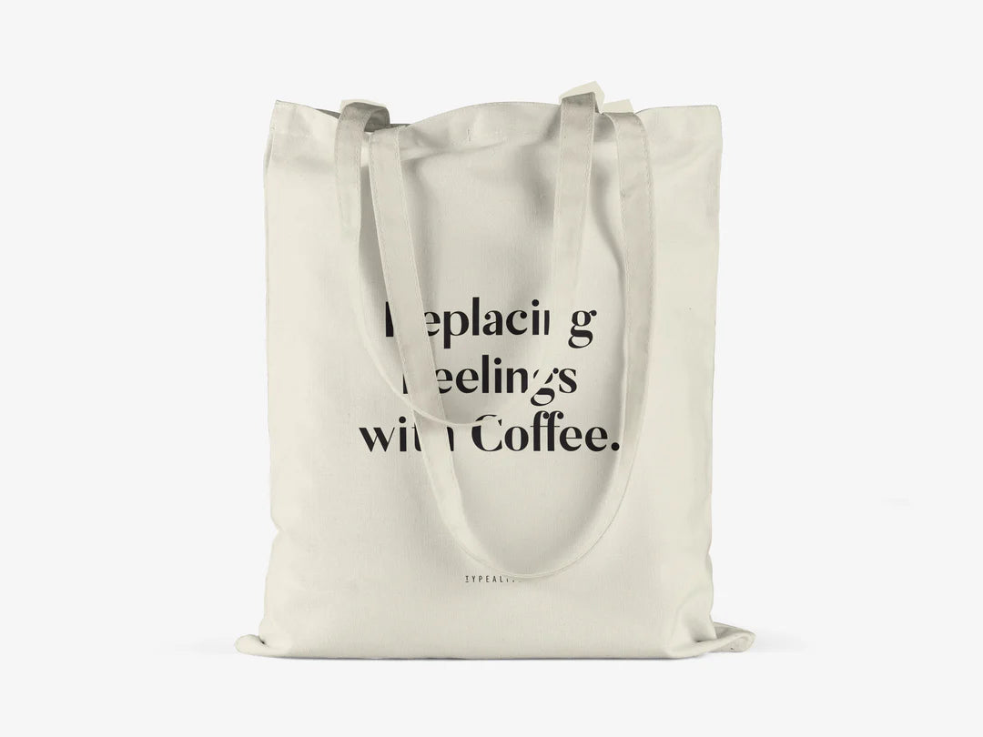 Tote Bag, bumbac premium, ilustrație originală, text Replacing Feelings