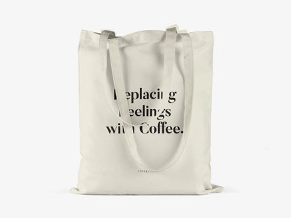 Tote Bag, bumbac premium, ilustrație originală, text Replacing Feelings