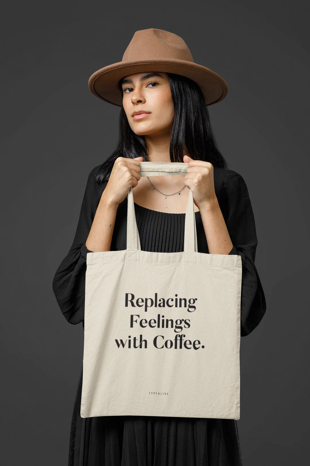 Tote Bag, bumbac premium, ilustrație originală, text Replacing Feelings