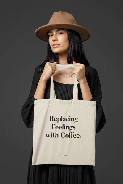 Tote Bag, bumbac premium, ilustrație originală, text Replacing Feelings
