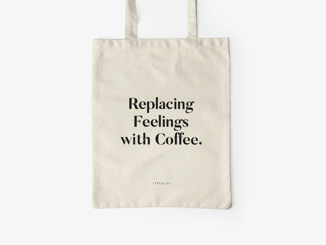 Tote Bag, bumbac premium, ilustrație originală, text Replacing Feelings