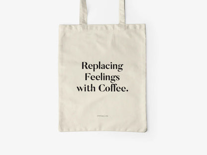 Tote Bag, bumbac premium, ilustrație originală, text Replacing Feelings