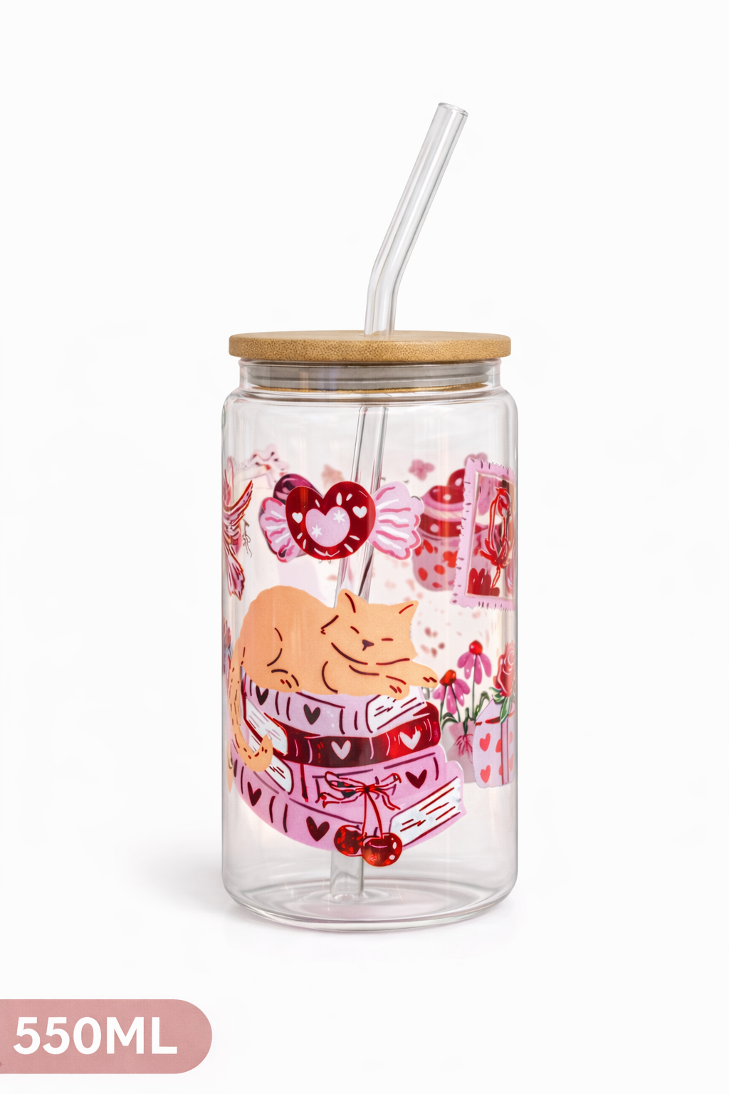 Tumbler "Coquette Valentine" cu print față-verso, capac din bambus și pai